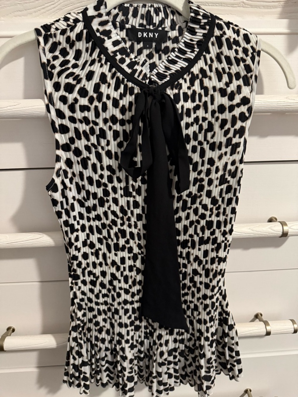 DKNY Black and White Pleated Tie-Neck Blouse